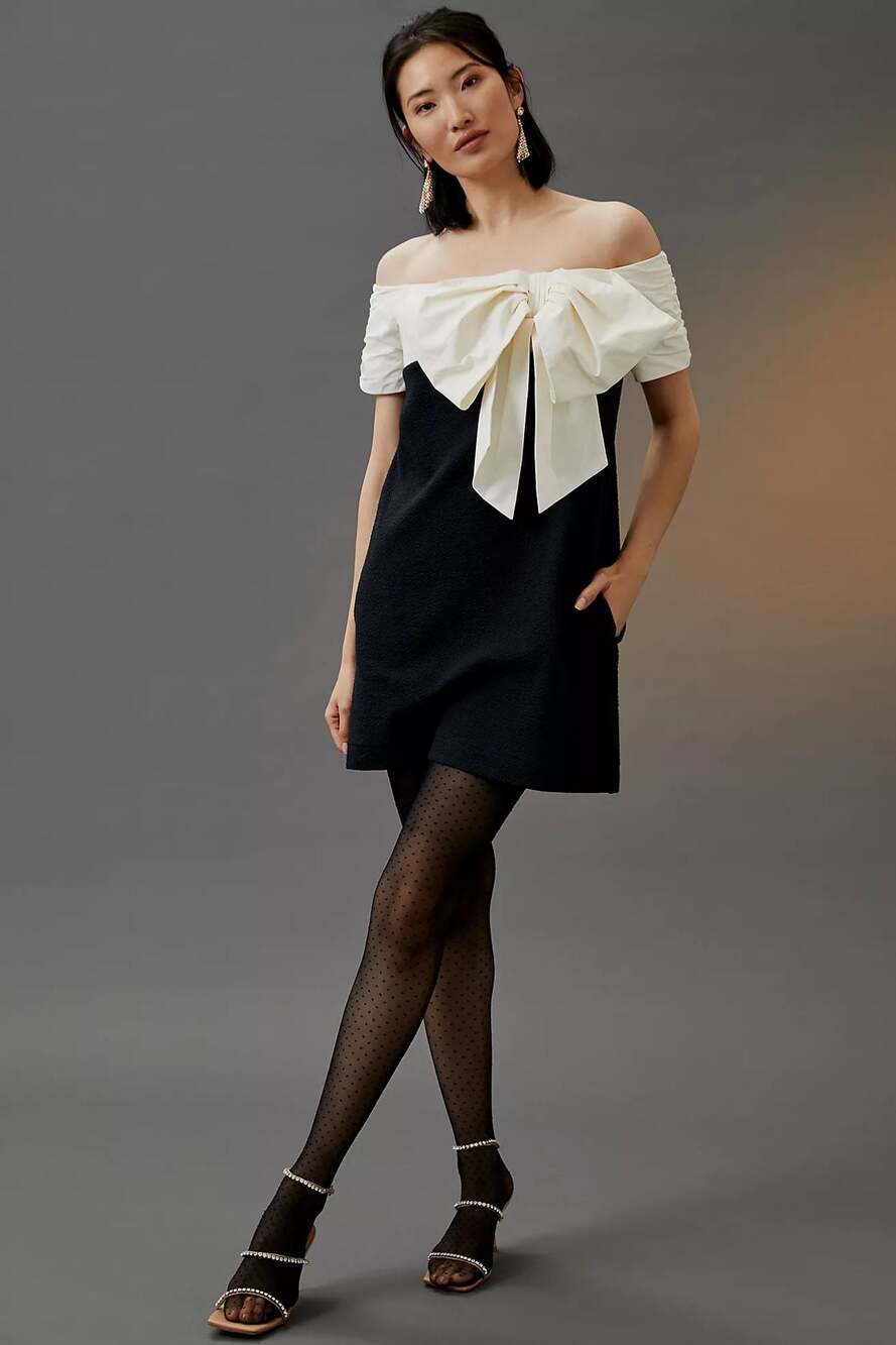 NWT Anthropologie Maeve Off Shoulder Bow Mini Dress Black Ivory SP Petite